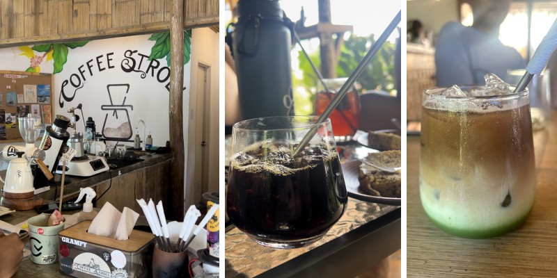 3 images of a cold brew, banana bread and salted caramel coffee at Coffee Stroll