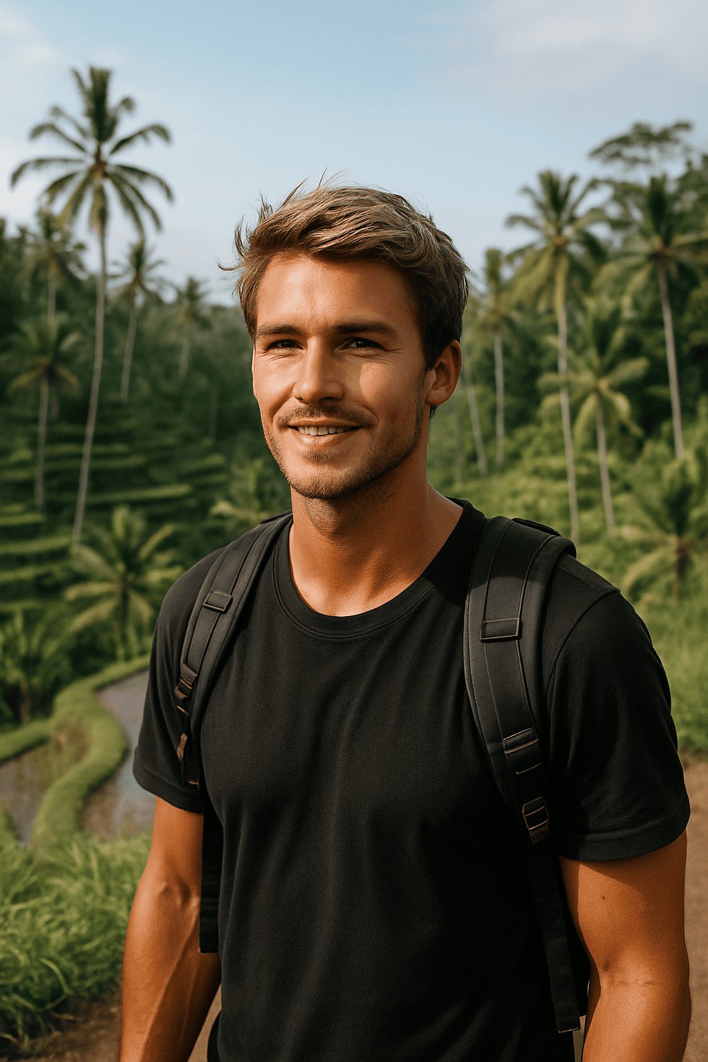smiling man sitting on gray rock at daytime