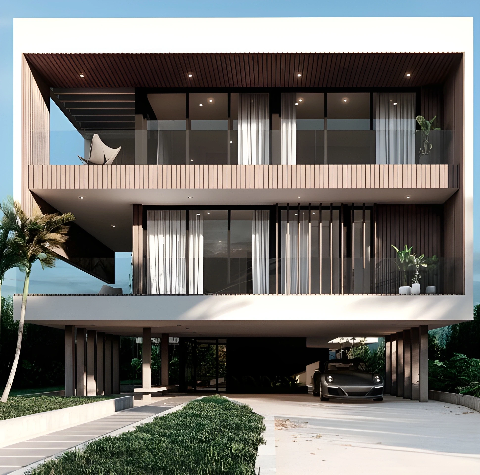 Front elevation of a modern Miami residence featuring a covered carport with a sports car, floor-to-ceiling glass walls, vertical wood slat detailing, and cantilevered upper floors supported by concrete columns.