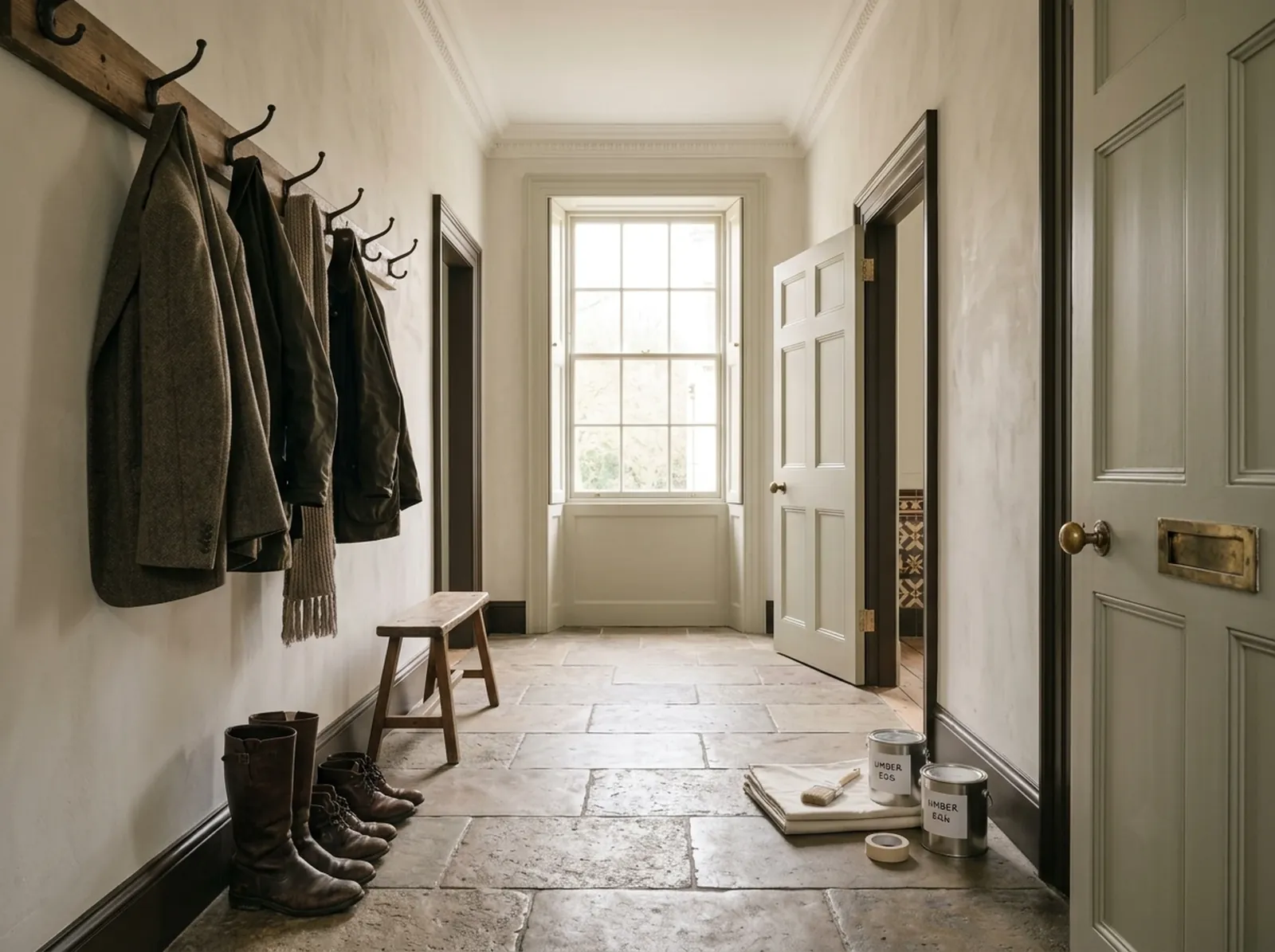 A hallway in warm stone neutrals with coats on hooks and a flagstone floor
