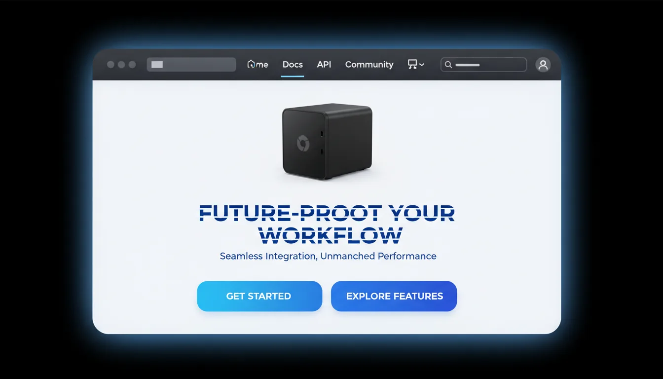 A screenshot of a modern tech documentation website, Clean Light Mode. The layout features a dark top navigation bar with placeholder icons and UI elements. The central content area is a clean white background, showcasing a photorealistic product image of a small, black, boxy Chromebox mini-PC. Below the image are a large headline, a smaller sub-headline, and two prominent UI buttons side-by-side, all with abstracted text lines. The design uses a vibrant blue as the primary accent color for the buttons. The entire browser window has rounded corners and a subtle blue glow against a black backdrop.