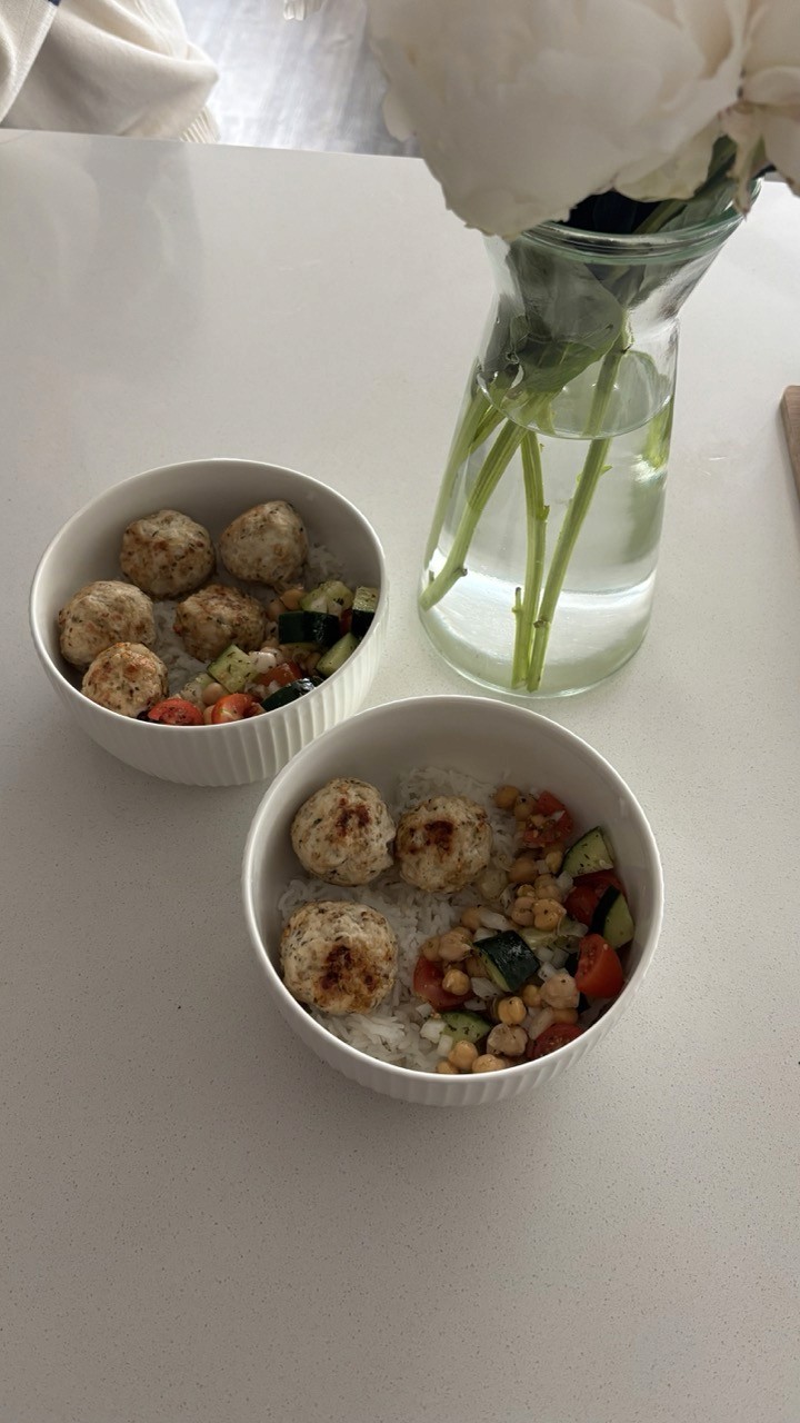 Two rice bowls with air fried turkey meatballs and chickpea cucumber tomato salad – Mediterranean inspired chicken meatball bowls Wellness by Suhey