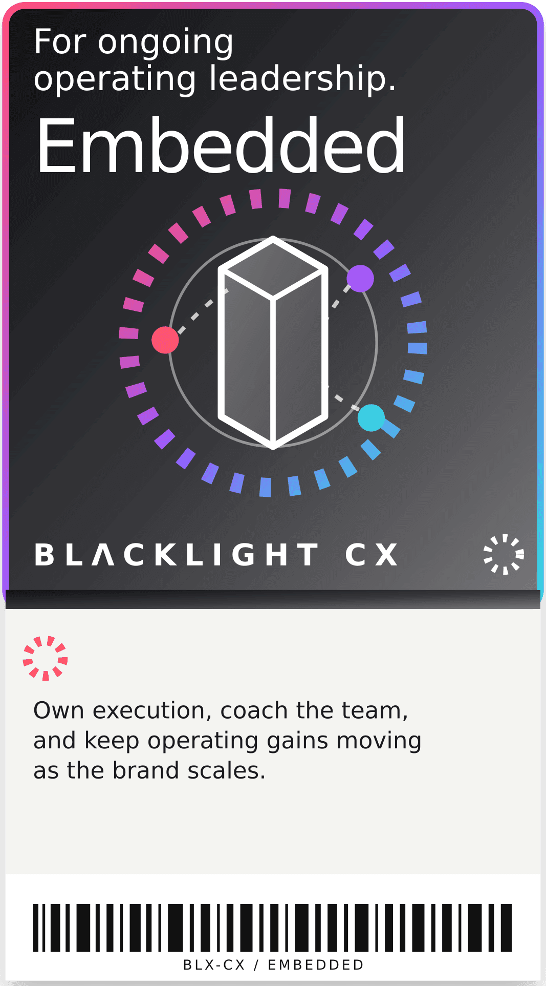 Blacklight CX Embedded engagement pass with an operator pillar inside a segmented halo and connected operating nodes.