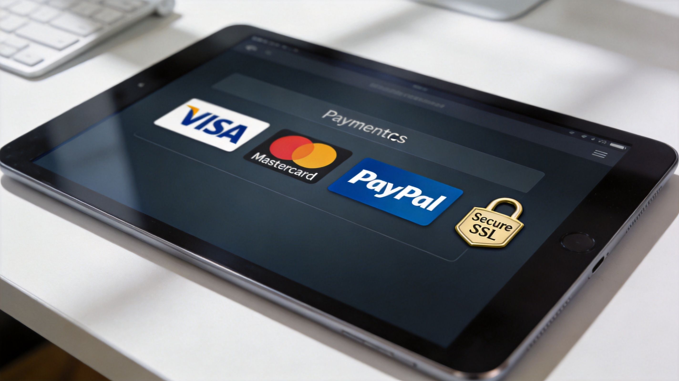 A digital tablet displaying payment options including Visa, Mastercard, and PayPal with a secure SSL lock icon.