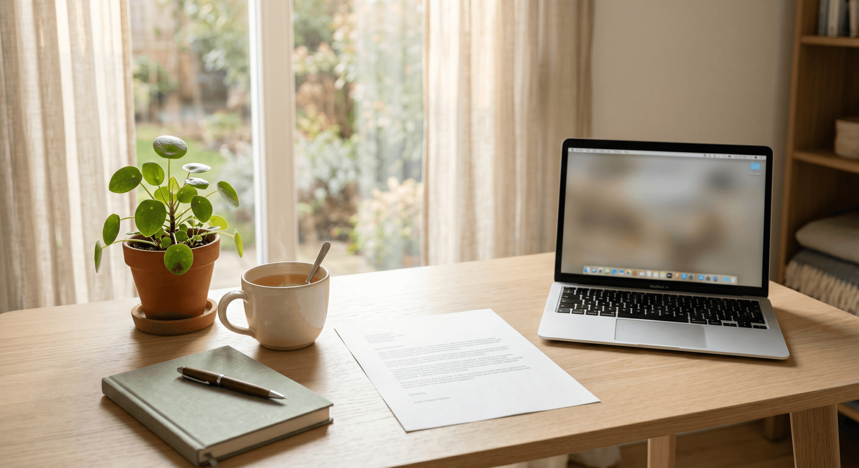 A calm sunlit home desk with a printed letter, a laptop, a mug of tea, a houseplant, and a journal, lit by soft morning light through a window.