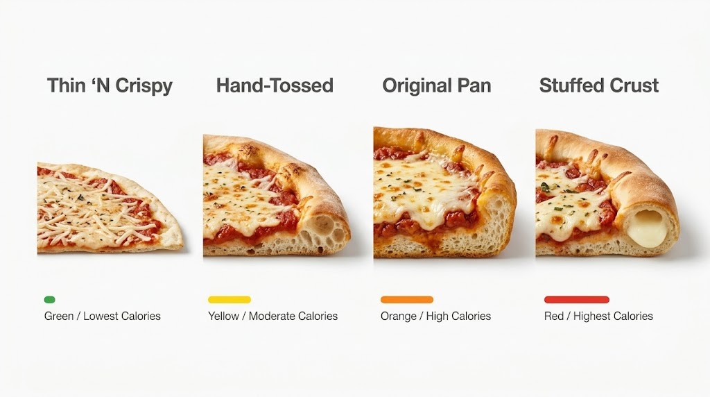 An infographic comparison of four different pizza crust cross-sections arranged side-by-side on a white background: Thin 'N Crispy, Hand-Tossed, Original Pan, and Stuffed Crust. Each crust includes a color-coded calorie indicator progressing from green (lowest) to red (highest), labeled 'Lowest Calories' to 'Highest Calories'. The image features realistic dough and melted cheese layers with modern flat labels. No branding