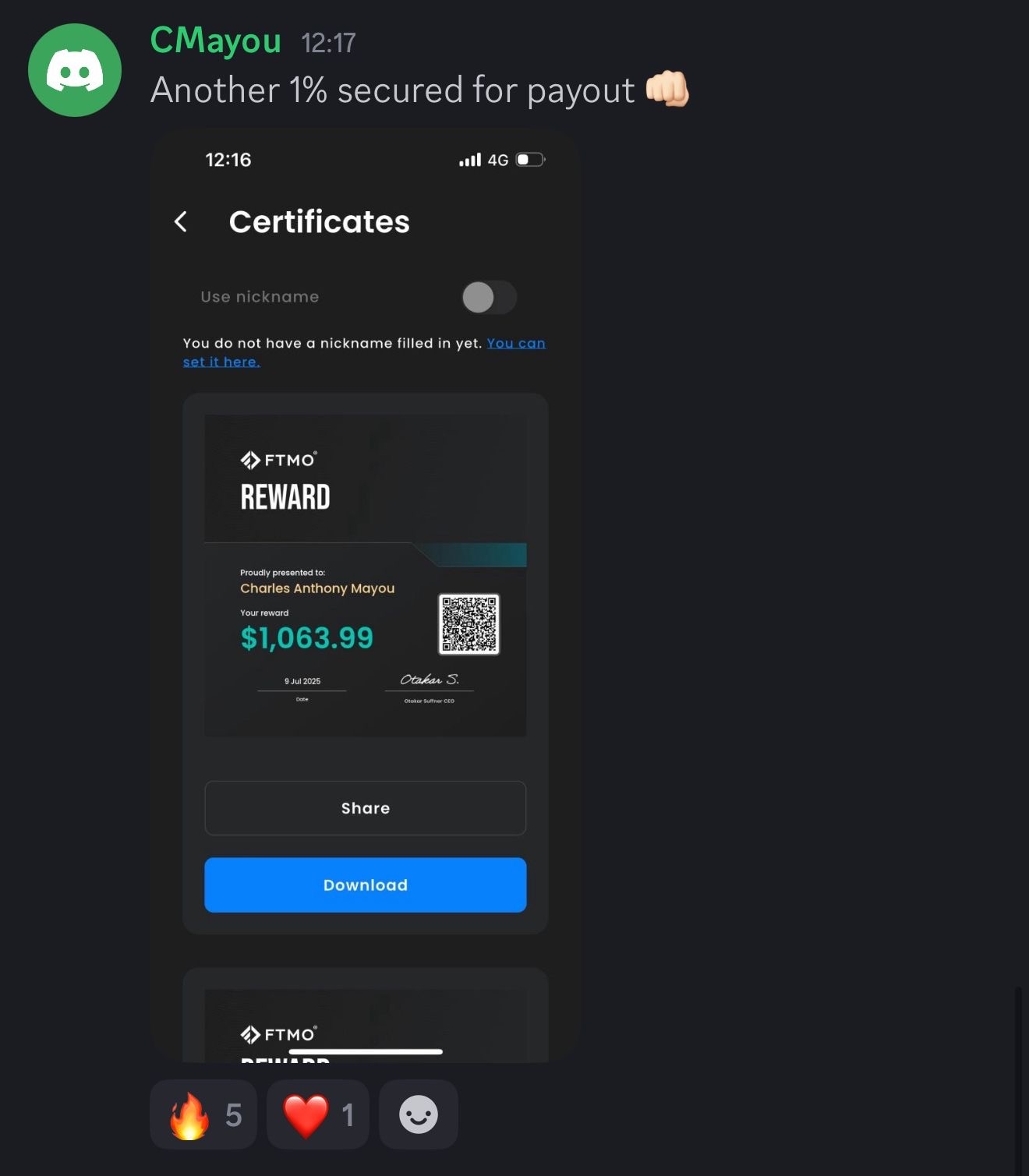 Screenshot of payout confirmation from Evo X member CMayou showing secured payout of 1,063.39