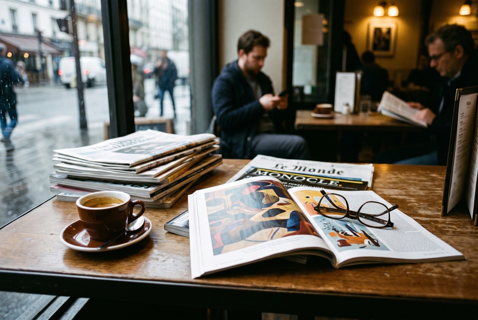 Newspapers and magazines on a cafe table featuring a brand story