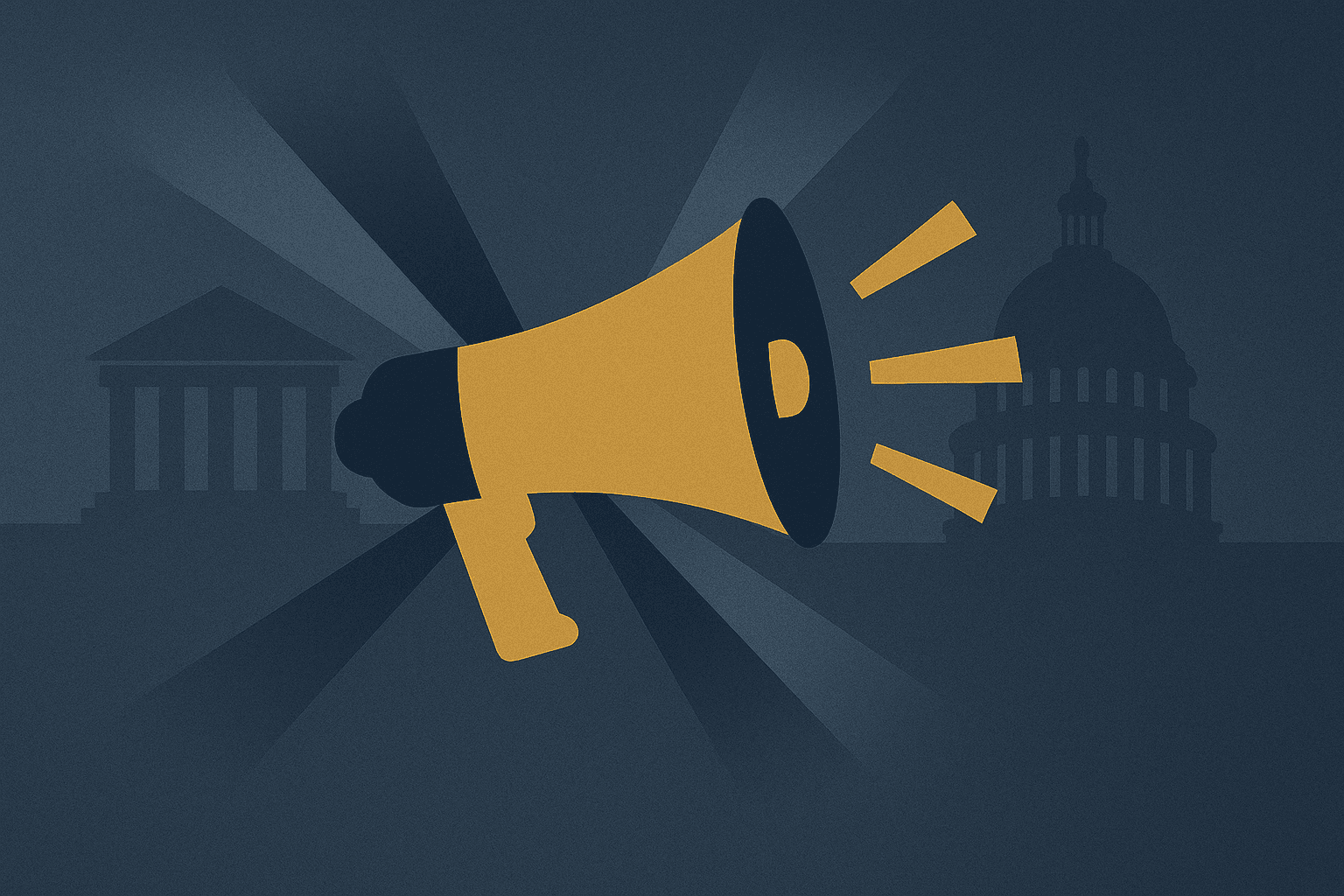 Abstract illustration featuring a gold and navy megaphone at the center, with radiating beams suggesting communication and visibility. Subtle outlines of neoclassical government buildings appear in the background, symbolizing marketing and trust-building in the federal contracting marketplace.