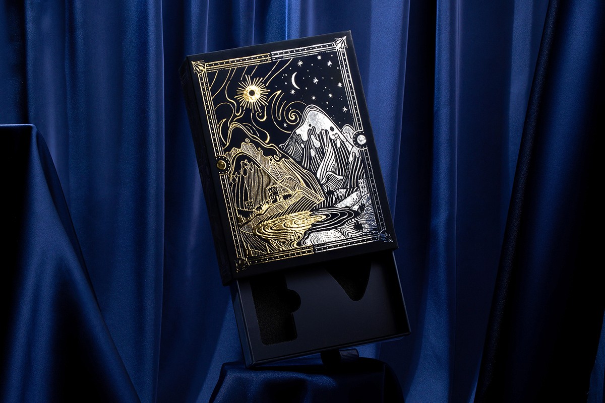 Rigid boxes, boxes, packaging for Corporate client printed on designer paper, binding board with mounting to board, raised foil stamping.