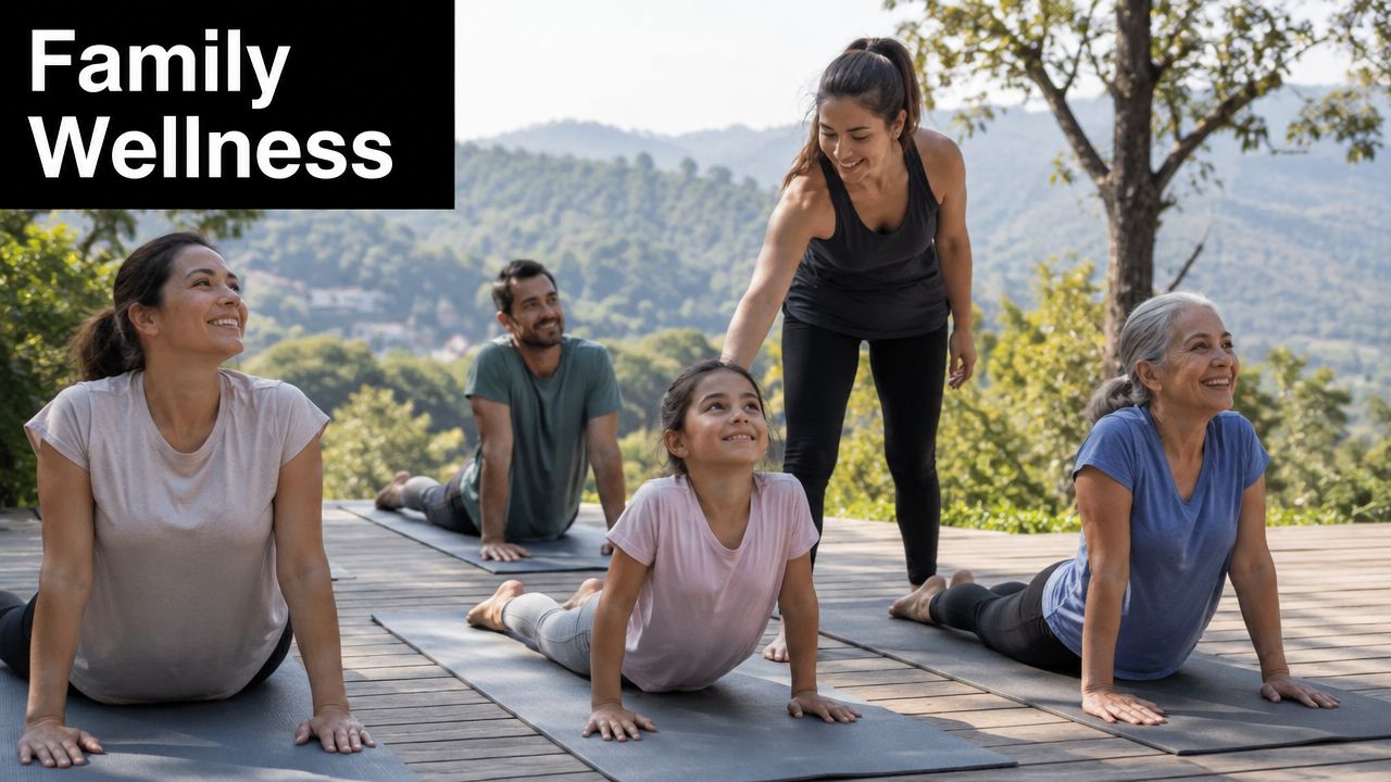 A happy multigenerational family practicing yoga together on an outdoor wooden deck during a sunny day.