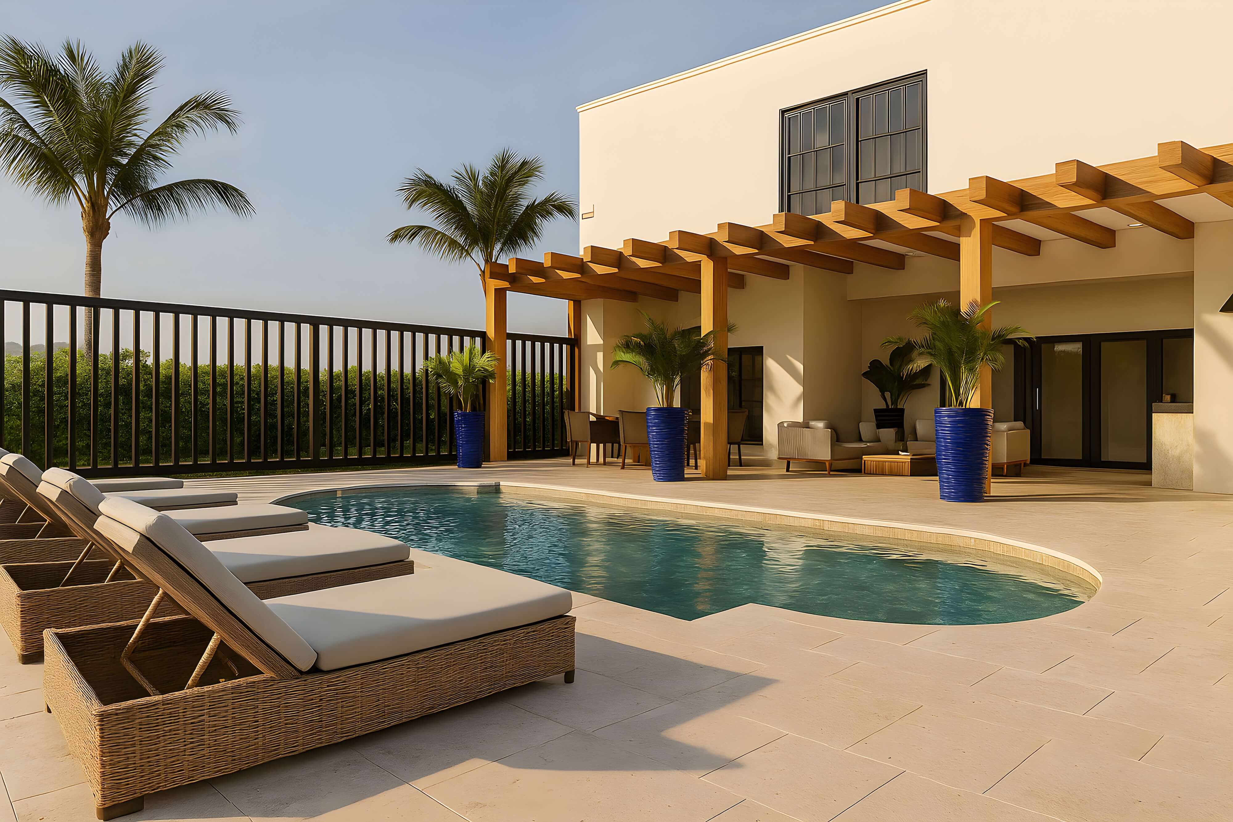 Luxury poolside area with wicker sun loungers, curved swimming pool, and covered patio featuring modern outdoor seating, wooden pergola, and tall blue planters with palm trees.