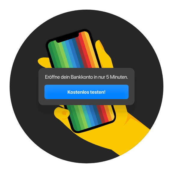 A hand holding a smartphone displaying a colorful loading screen with a prompt to tap for further action.