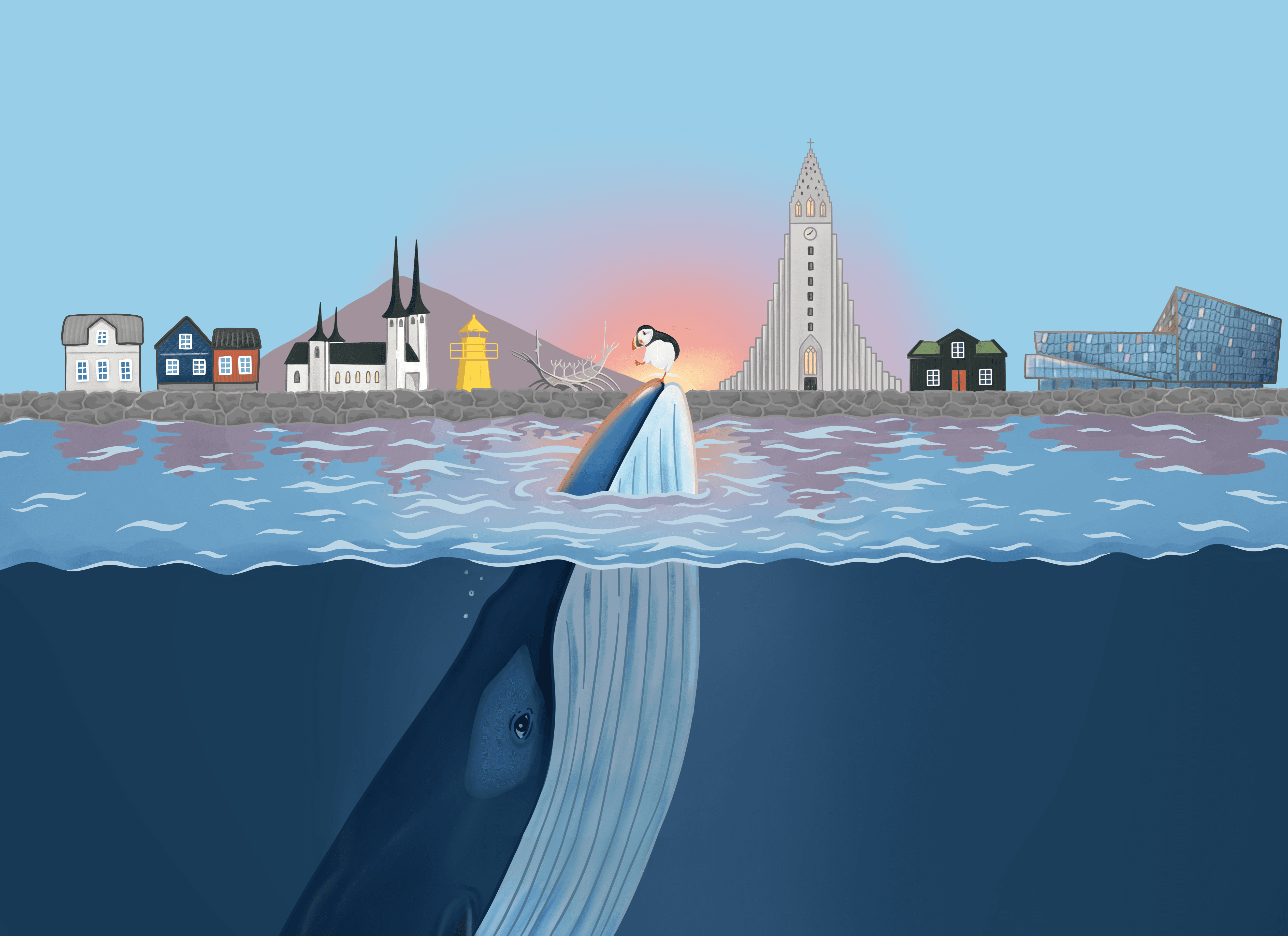 Illustration of a whale and a puffin standing together in front of the skyline of an Icelandic city, showcasing their extraordinary friendship.