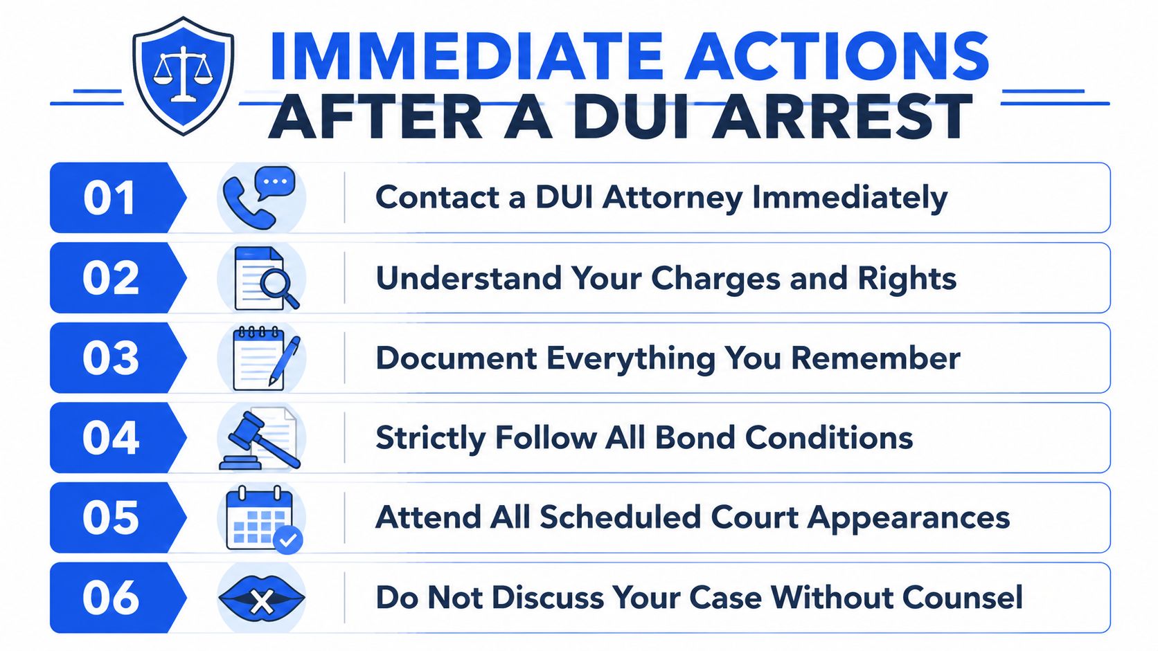 A checklist showing six important steps to take immediately following a DUI arrest for legal protection.