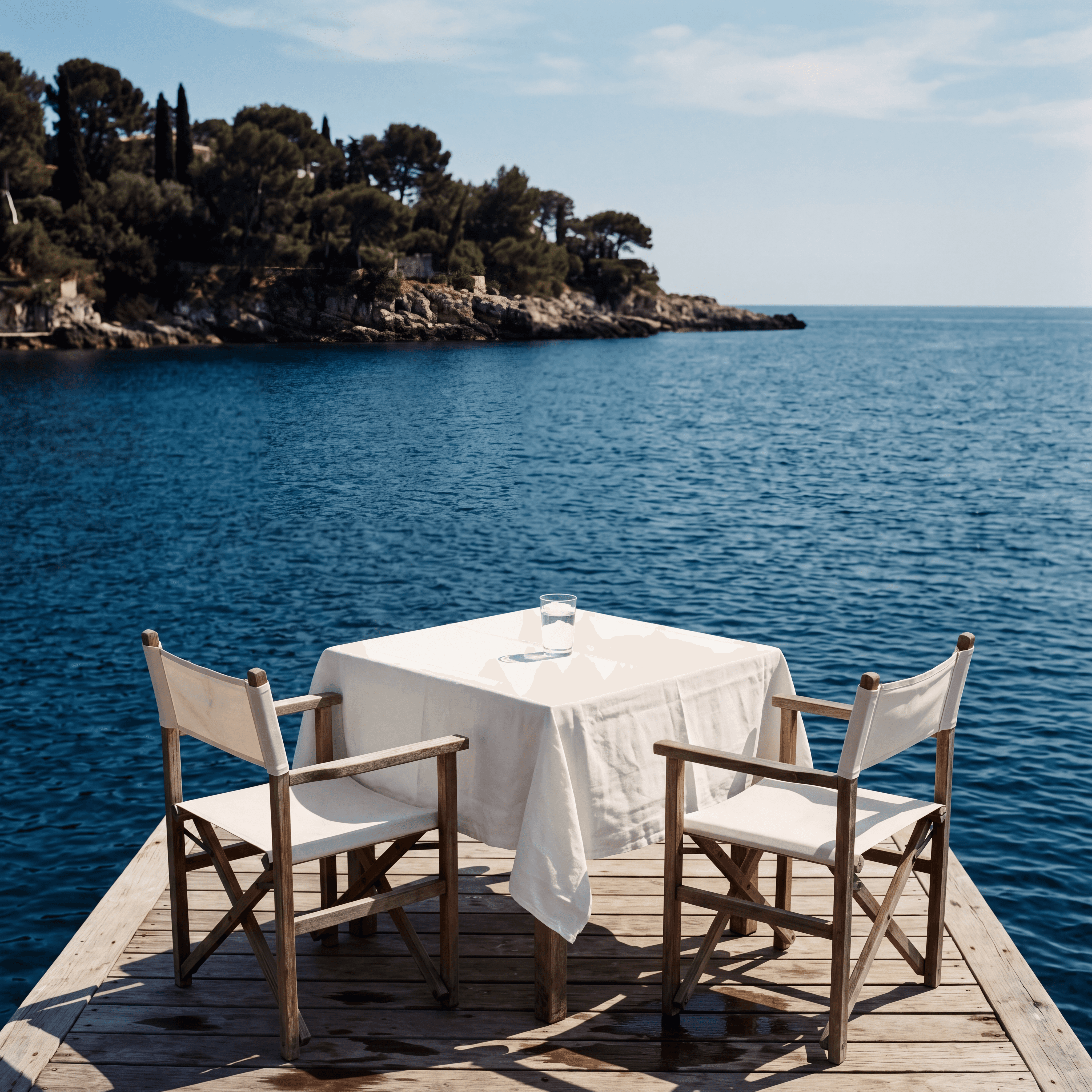 Waterfront table on a private pontoon at Cap-Ferrat, white linen set for two facing the deep blue bay of Villefranche-sur-Mer