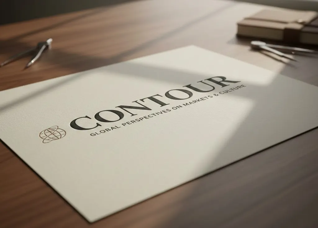 A cream sheet bearing the Contour Magazine wordmark and Global Perspectives on Markets & Culture rests on a wooden desk beside pens and notebooks.