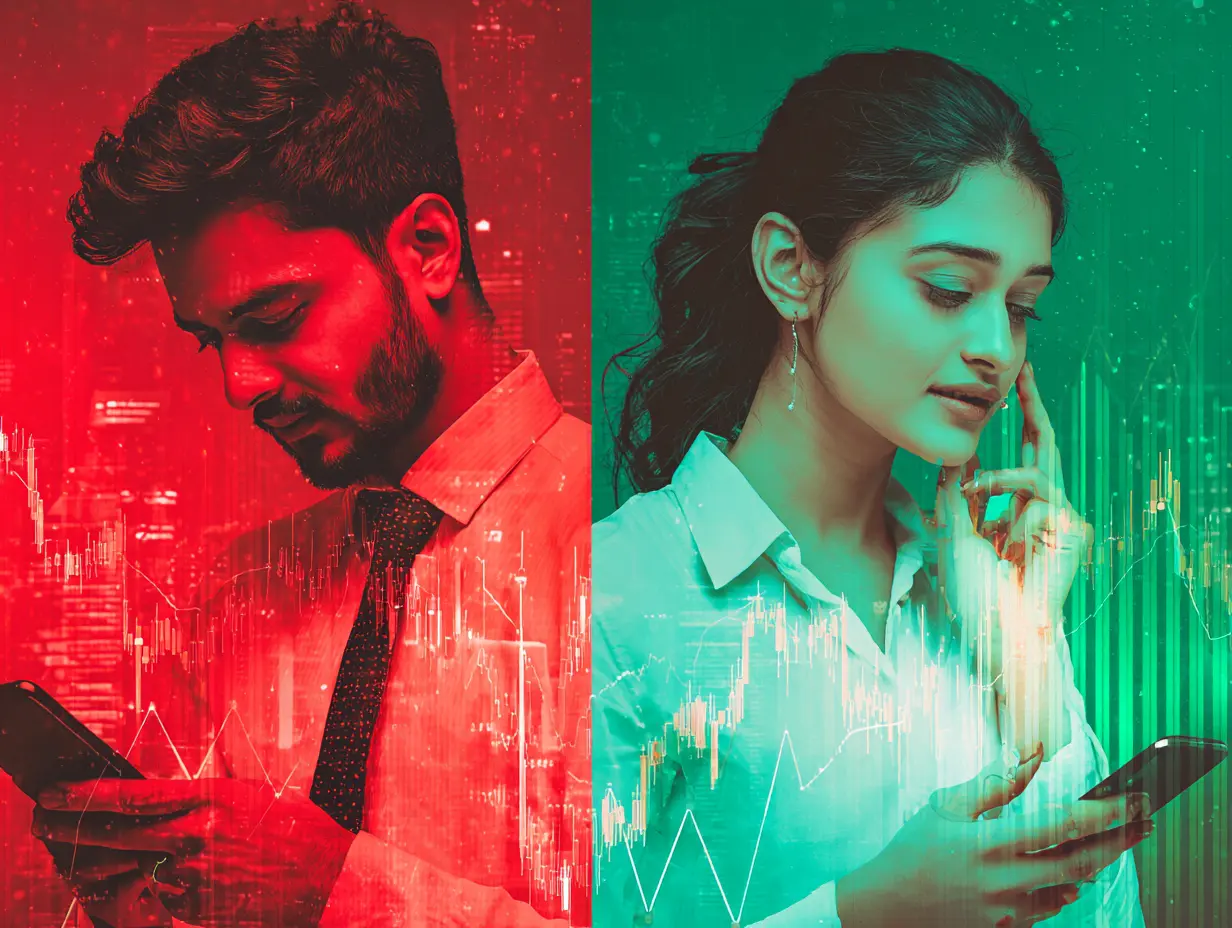 Contrasting split-screen of two Indian startup founders, one in red tones and one in green, both using smartphones against dynamic financial graph backgrounds, symbolizing different business outcomes.