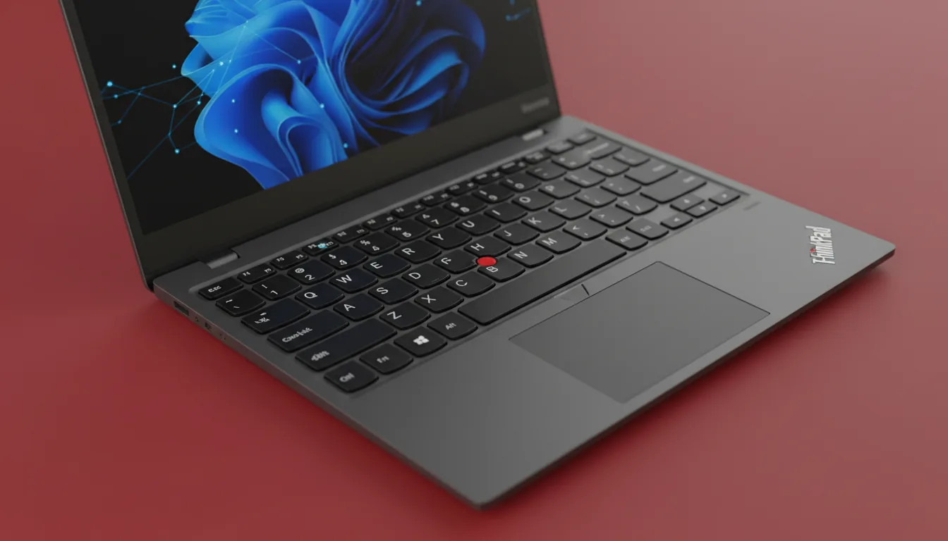 High-angle DSLR product shot of a modern, charcoal grey ThinkPad laptop, angled diagonally on a vibrant solid red surface. Soft studio lighting creating clean highlights on the matte metallic chassis. The keyboard, featuring a distinctive red TrackPoint nub, is in sharp focus. Shallow depth of field with the top of the screen visible, showing a blurred abstract blue user interface.