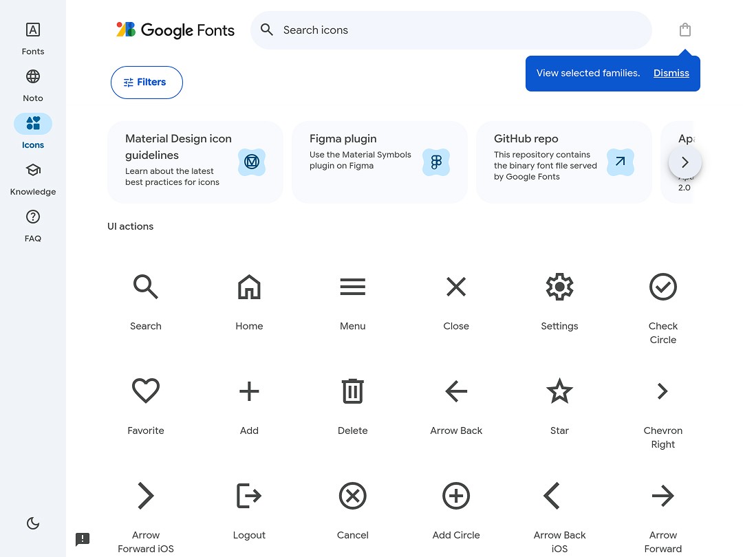 The image displays a section of the Google Fonts website showcasing the Google Icons library, featuring a variety of free icons such as search, home, and menu in a grid layout, with navigation options on the left sidebar and a search bar at the top.