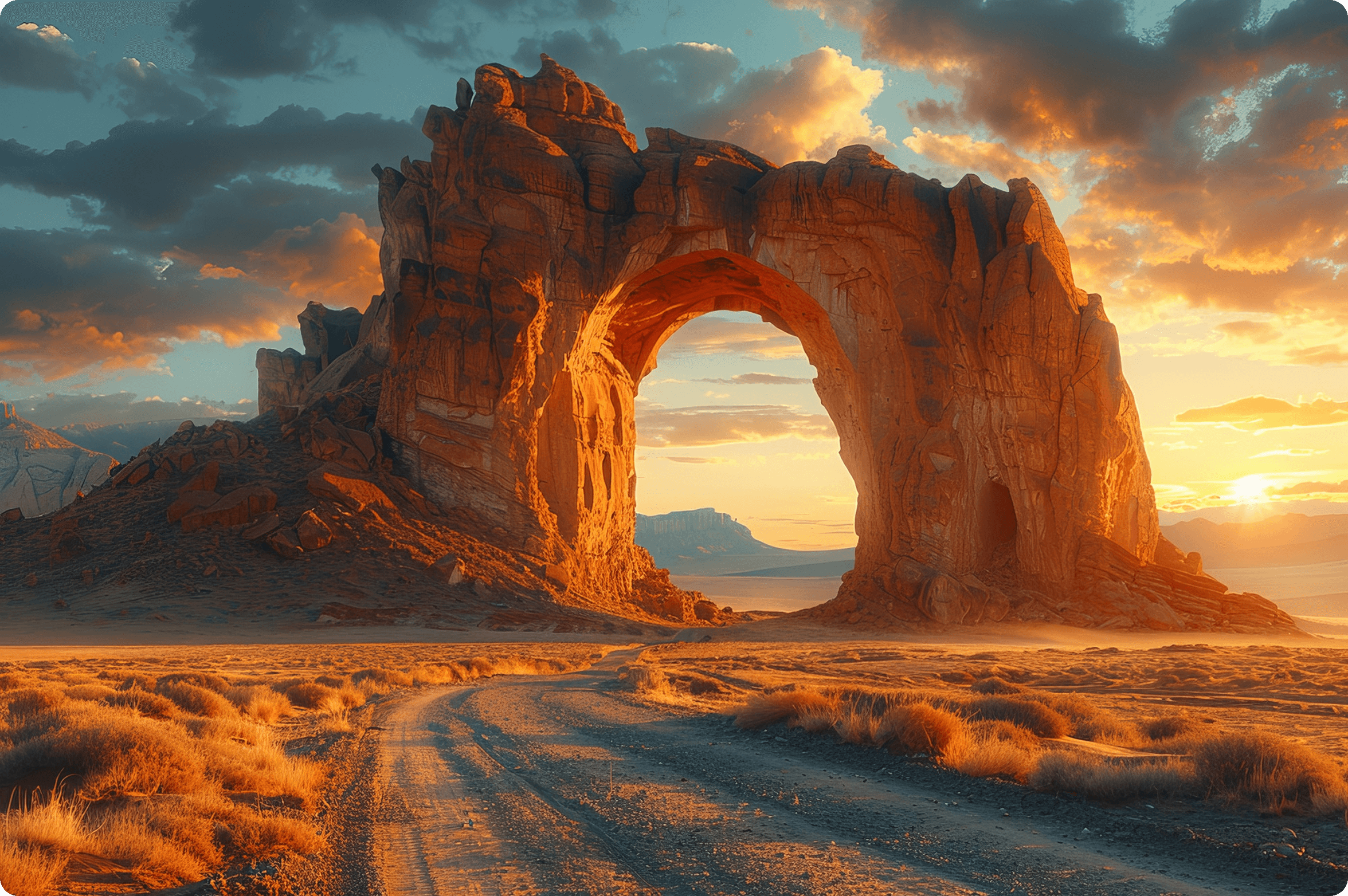 Rocky desert arch glowing in the warm light of sunset.