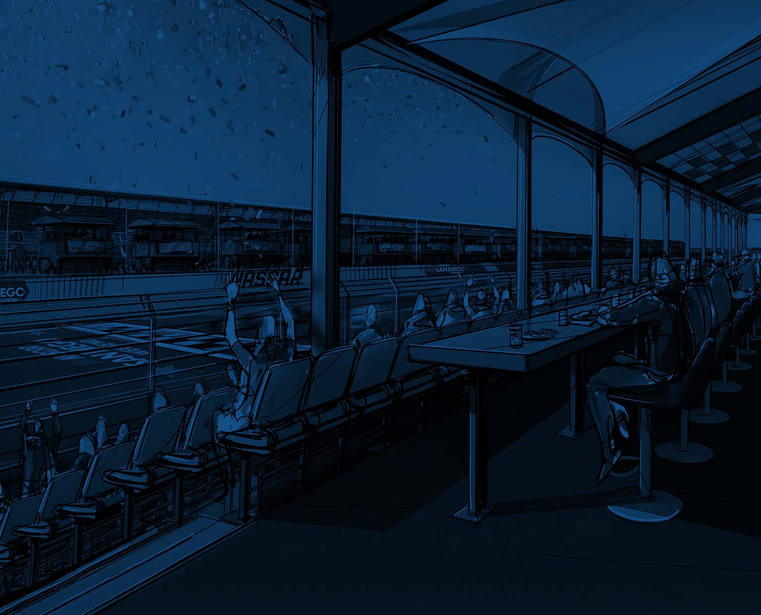 Illustration of covered VIP viewing suite above NASCAR track with fans watching the finish line.