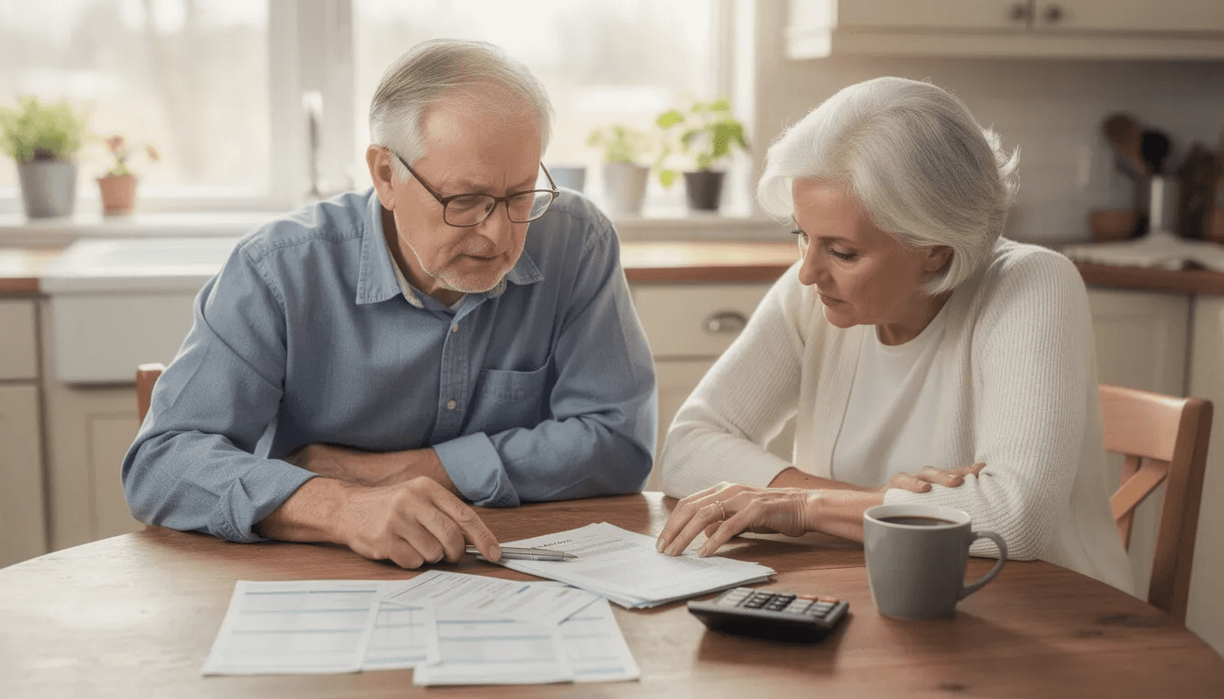 An elderly couple sits at a kitchen table, carefully reviewing financial documents, likely discussing their investment strategy for managing a million dollars. They appear focused, considering various options such as dividend stocks and money market funds to ensure financial security and generate passive income.