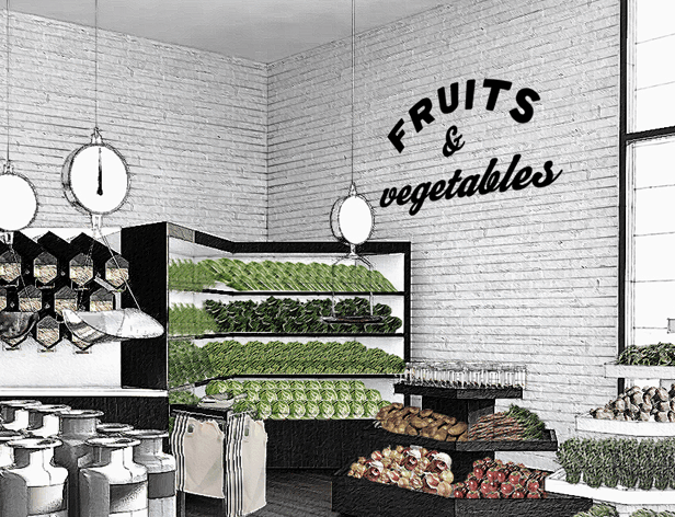 A black and white illustration depicts a produce store interior. White brick walls display “FRUITS & vegetable” in black lettering. Two hanging clocks are visible on the left wall. Shelves filled with green produce line the back wall, with additional shelves and bins to the right. Various containers, including jars and baskets, are arranged along the left side. A large window on the right side allows natural light into the space.