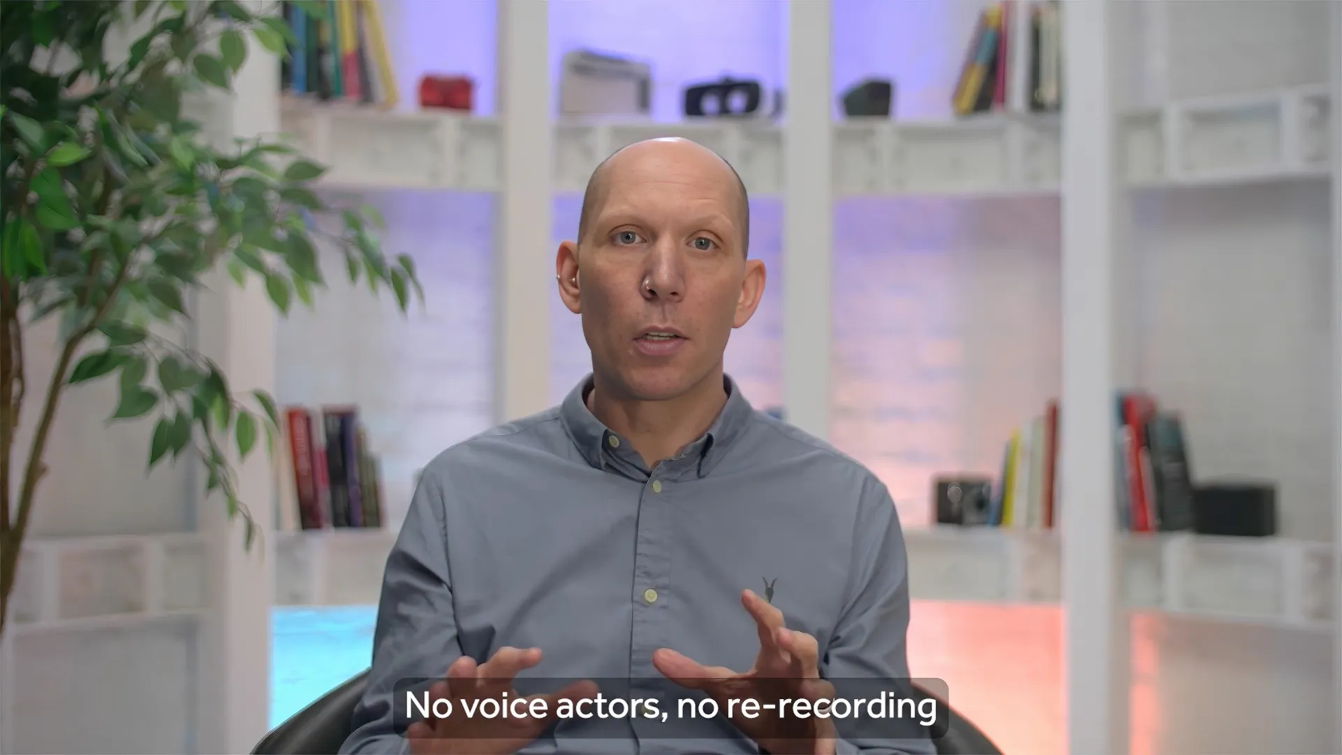 Owen Vittanuova, Managing Director at Paradigm, seated in a studio setting and speaking to camera during an AI dubbing experiment, filmed with soft studio lighting and a calm, professional backdrop.