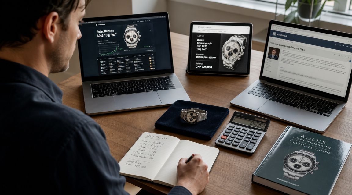 A man studying a vintage Rolex watch at a desk with laptops, a calculator, and reference books.