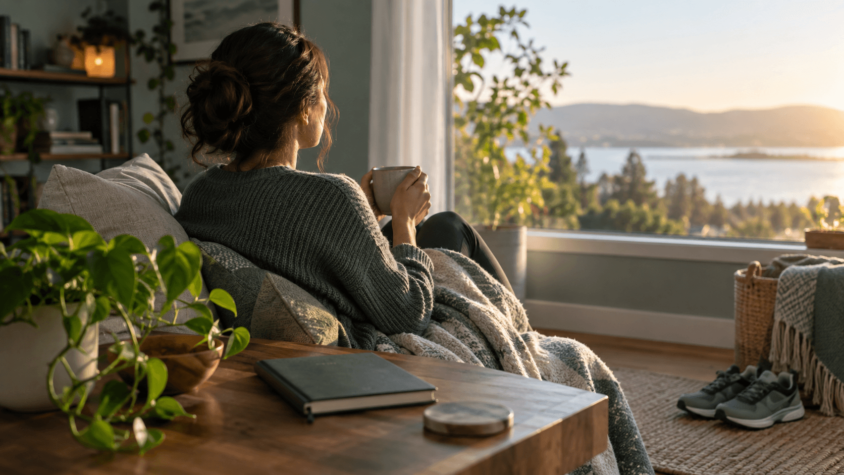Adult sitting near a sunlit window while reflecting on daily routines and support.