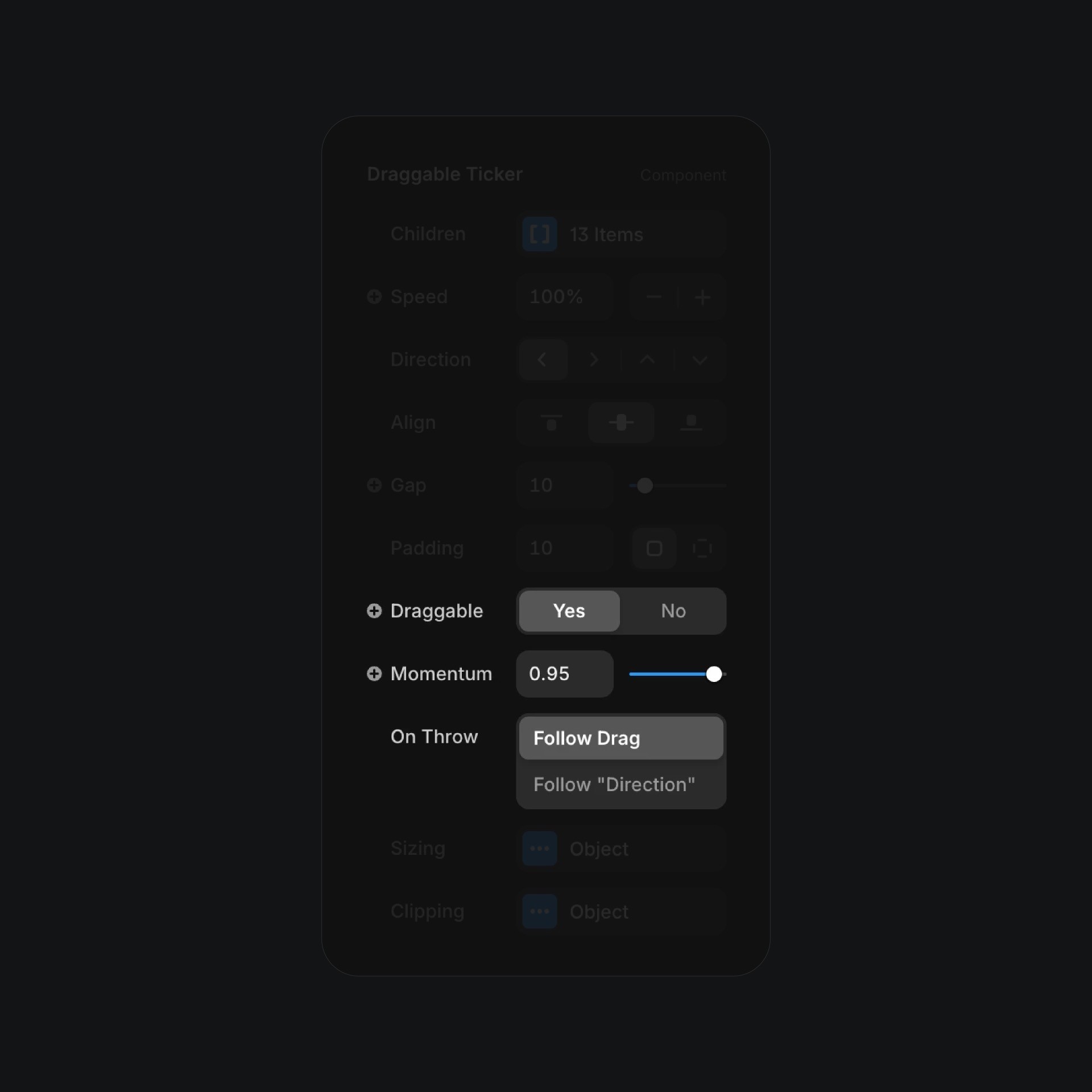 Draggable ticker component settings panel interface
