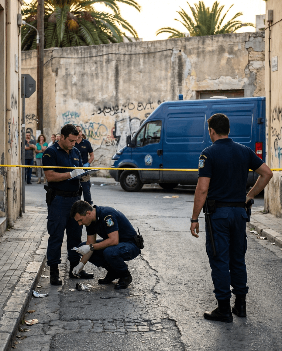 Police presence on a Greek city street during a crime investigation