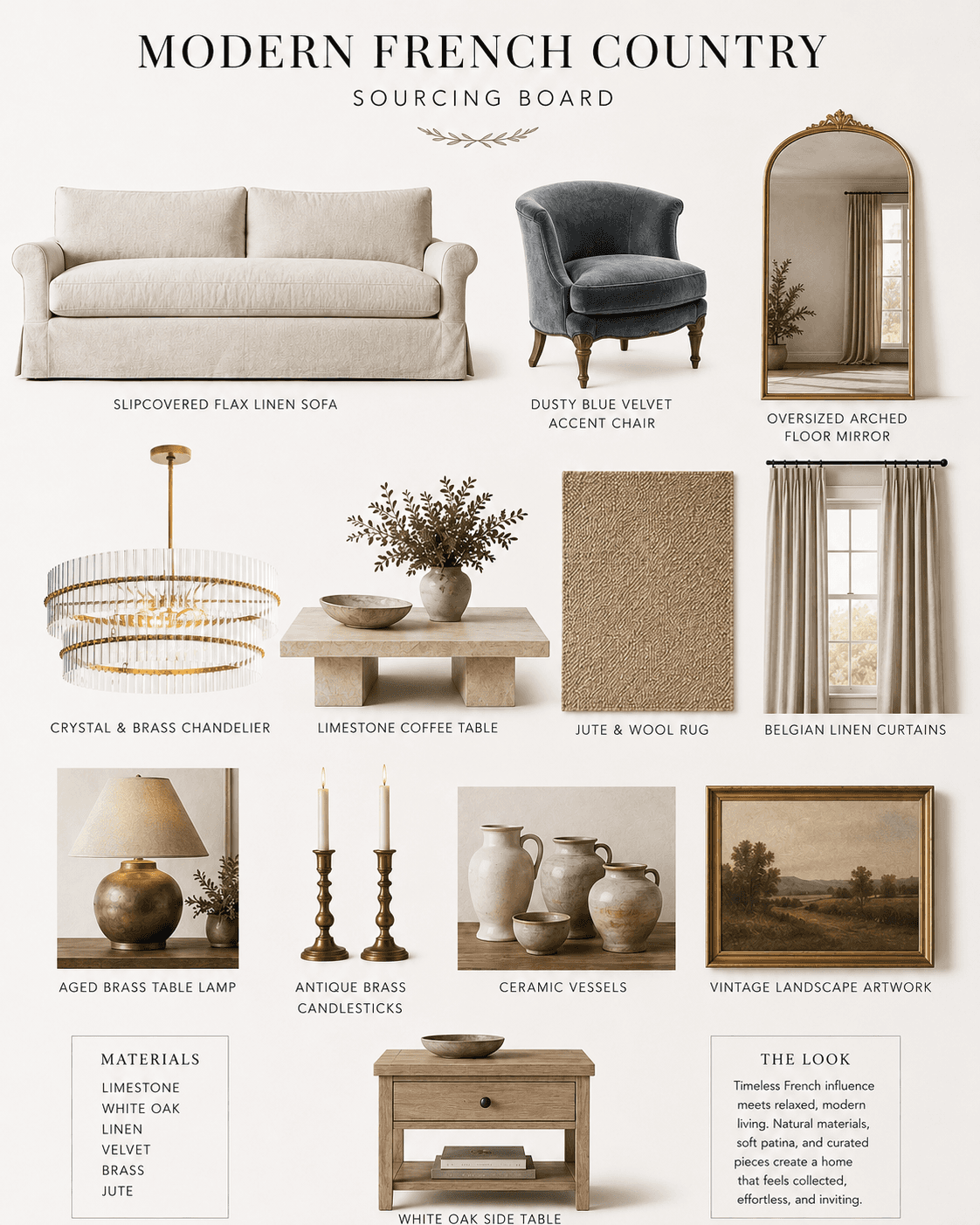 Designer mood board showcasing key elements of modern French country style, including a cream linen sofa, blue velvet accent chair, arched brass mirror, limestone coffee table, textured rug, linen curtains, brass lighting, ceramic vessels, and white oak furniture.