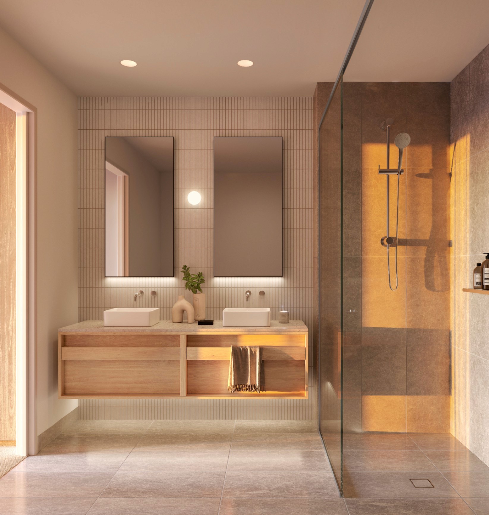 Modern bathroom design at Quartet Milton featuring double vanity, walk-in shower and warm neutral finishes