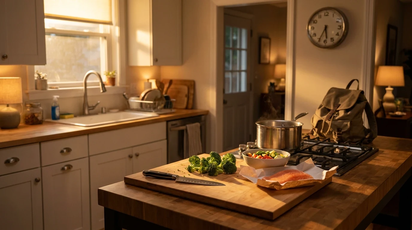 Busy home kitchen with salmon, broccoli, salad, and cooking ingredients laid out for a family dinner.
