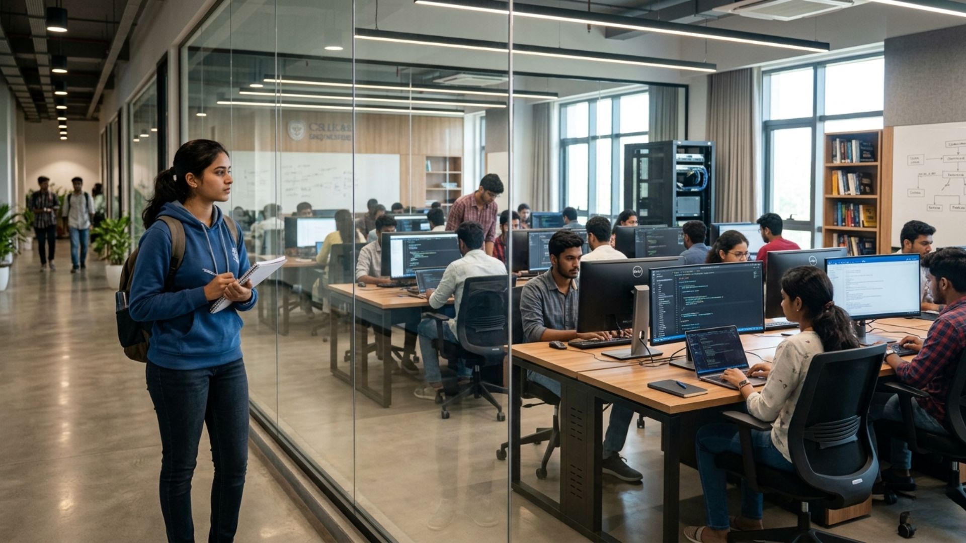 Computer science students coding in a modern computer lab at one of the best computer science colleges in Bangalore