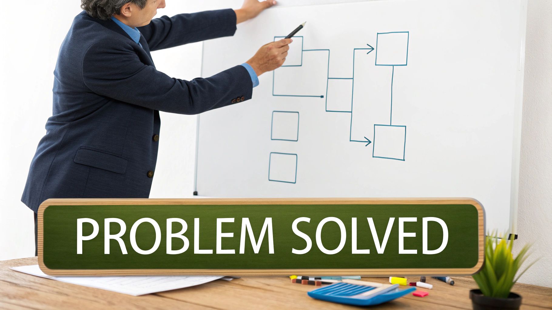 Professional explaining a flowchart on a whiteboard, with a 'PROBLEM SOLVED' sign on a wooden desk.