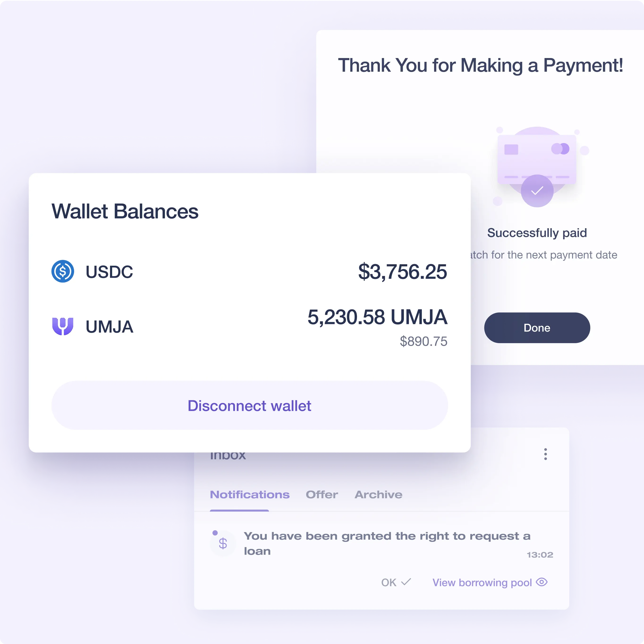 Umoja Protocol app screen showing various sections related to wallet balances and payment notifications. The central section displays 'Wallet Balances' with amounts for USDC ($3,756.25) and UMJA (5,230.58 UMJA, equivalent to $890.75). Below this is a button to 'Disconnect wallet.' In the top right, there's a 'Thank You for Making a Payment!' message indicating a successful payment. At the bottom, a notification states, 'You have been granted the right to request a loan,' with options to view the borrowing pool or acknowledge with 'OK.'