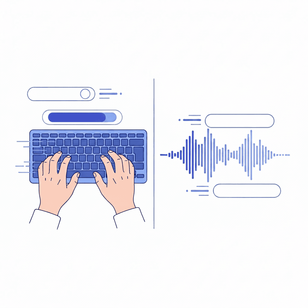 A clean, modern split-screen comparison illustration showing the speed difference between typing and voice dictation. Left side: hands typing on a keyboard with slow-moving progress indicators. Right side: sound waves or voice waveforms with fast-moving progress indicators showing 4x faster speed. Use a tech-forward color palette with blues and purples. Minimalist, professional style suitable for a developer blog post. No text, words, or letters in the image.