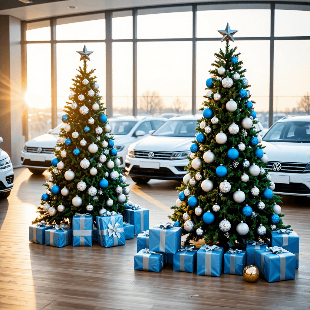 product photography of decorated Christmas trees with ornaments and gifts