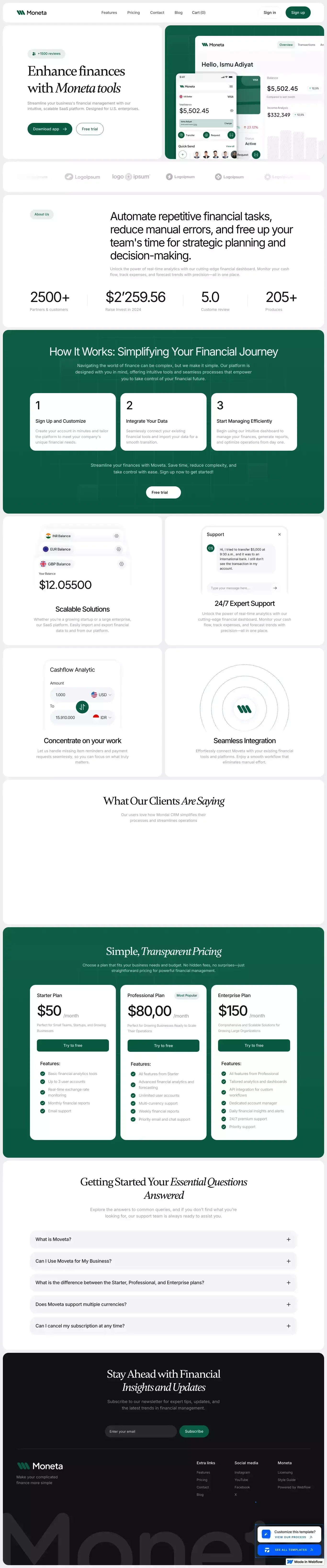 Moneta - Webflow Ecommerce website templ landing page screenshot showcasing Finance and Tech design