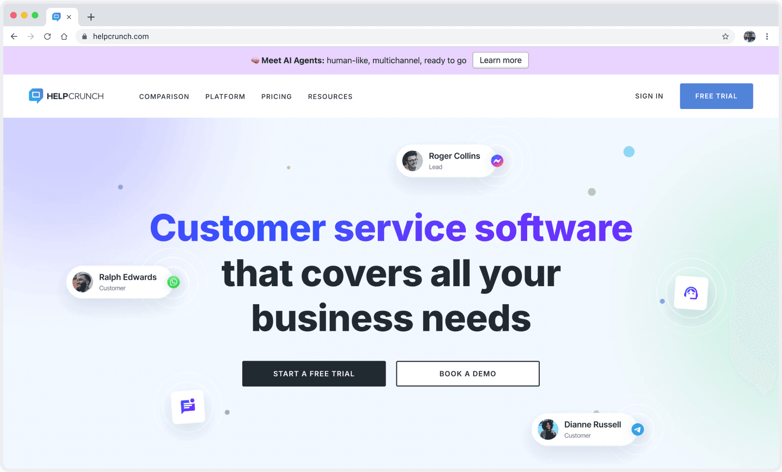 HelpCrunch customer service software homepage highlighting platform features for all business needs