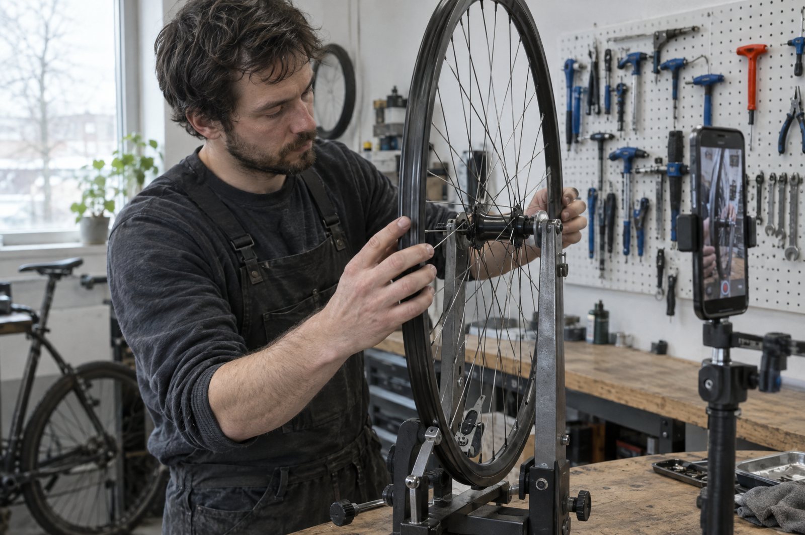 A bike shop owner records a vertical video on a phone clamped to the workbench while truing a wheel