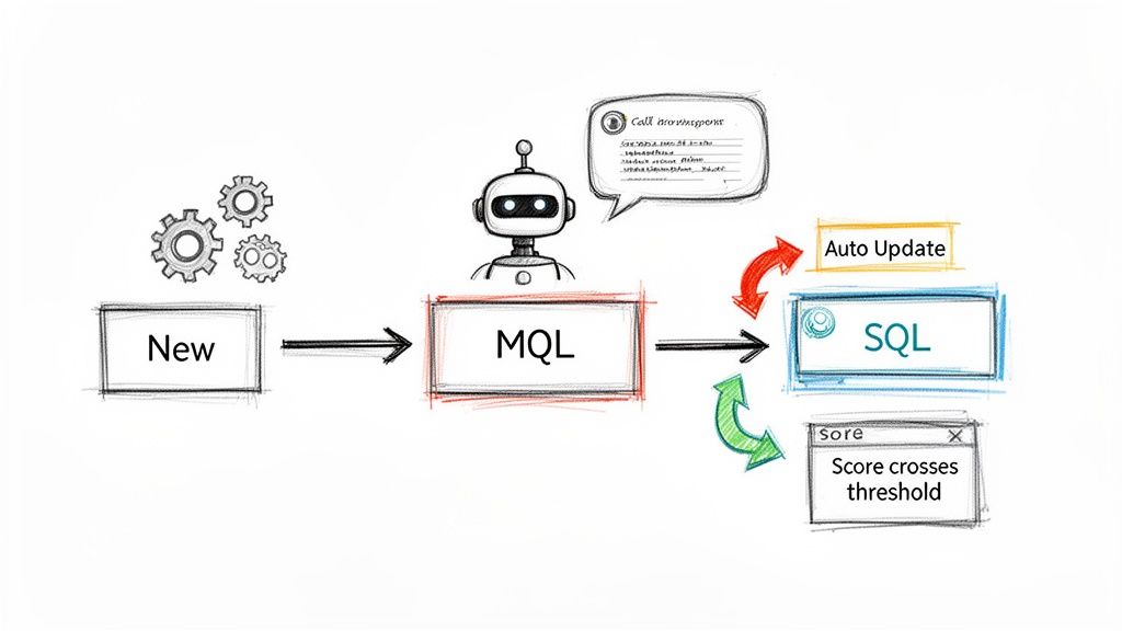 A diagram showing the marketing lead qualification process from New to MQL to SQL with automation and scoring.