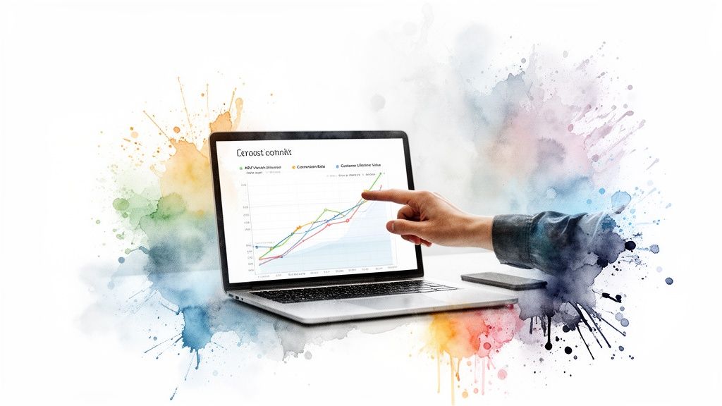 Hand pointing at a colorful business chart on a laptop screen with watercolor splashes.