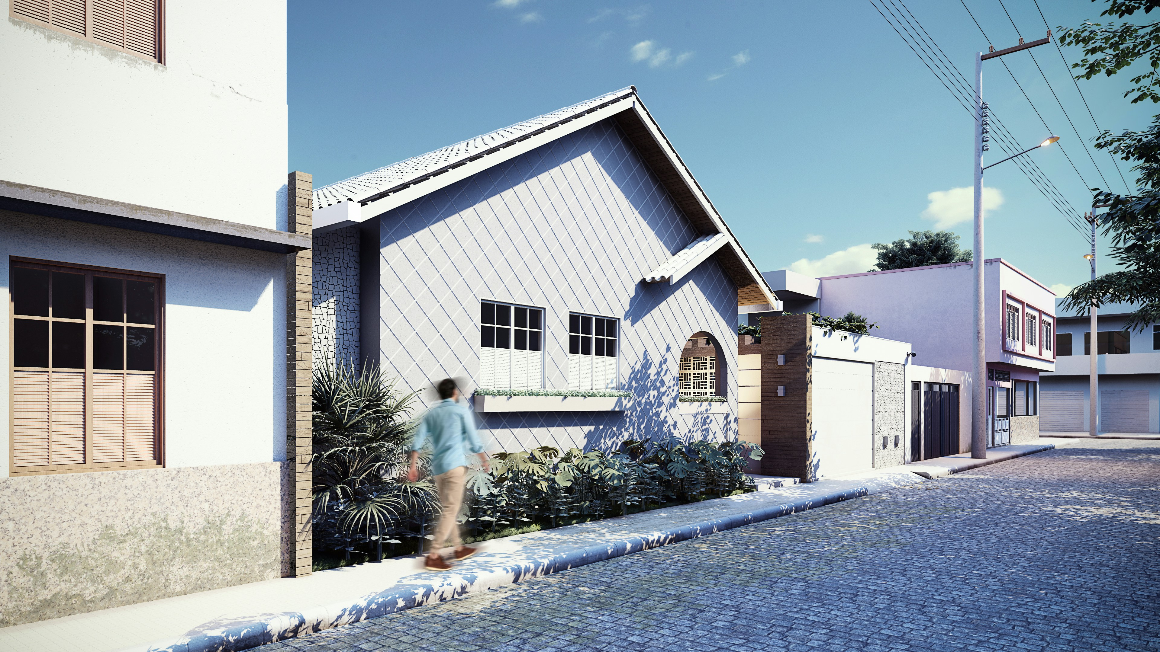 Daylight street render of a residential neighborhood with small houses, cobblestone road, power lines, and a walking figure.