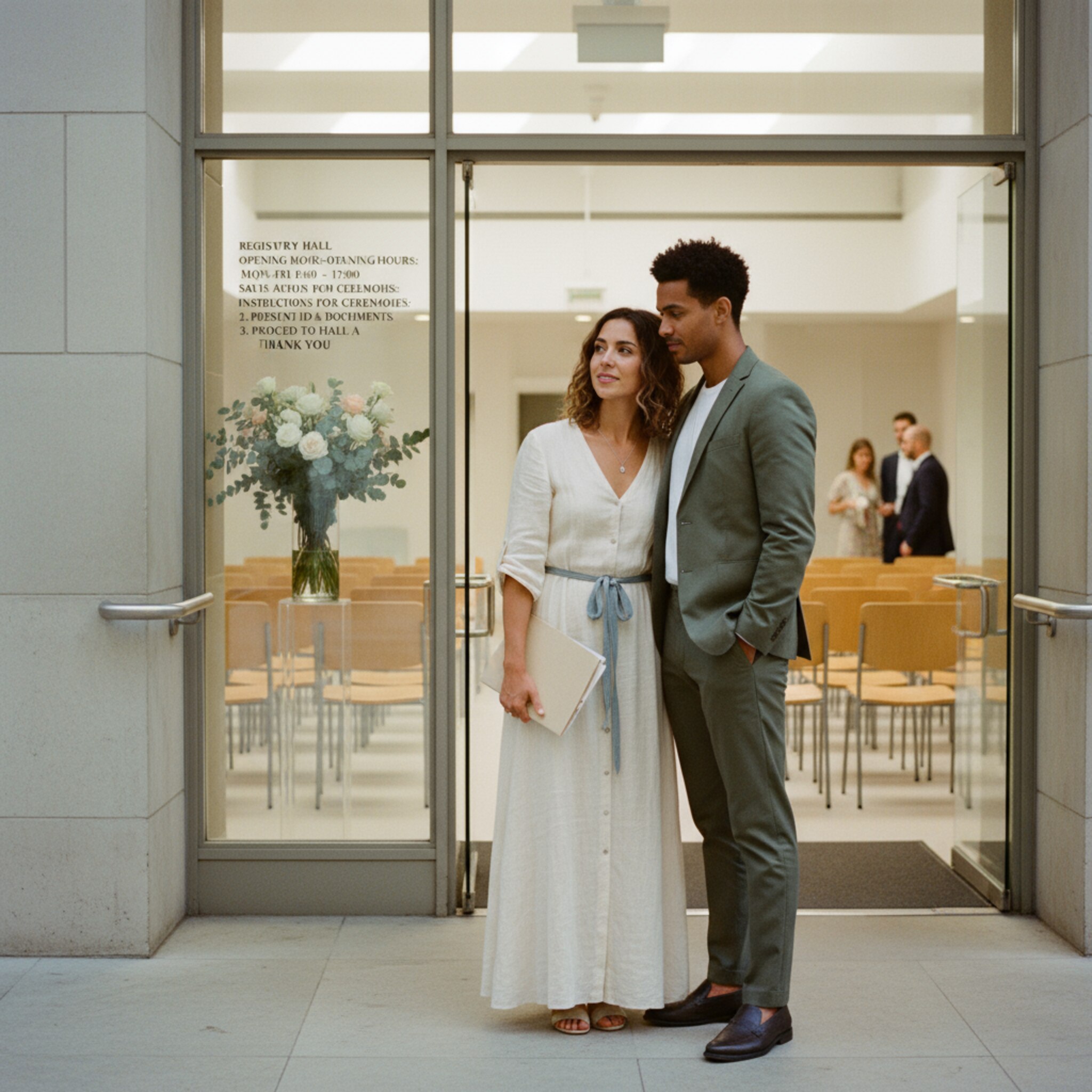 Vor dem Eingang eines Trausaals liest ein Paar ein schlichtes Aushangschild mit klar formulierten Zeiten und Hinweisen. Die Stuhlreihen sind bereits geordnet, ein Blumenarrangement setzt ruhige Akzente. Das Licht ist freundlich, die Szenerie vermittelt Struktur und Verlässlichkeit.