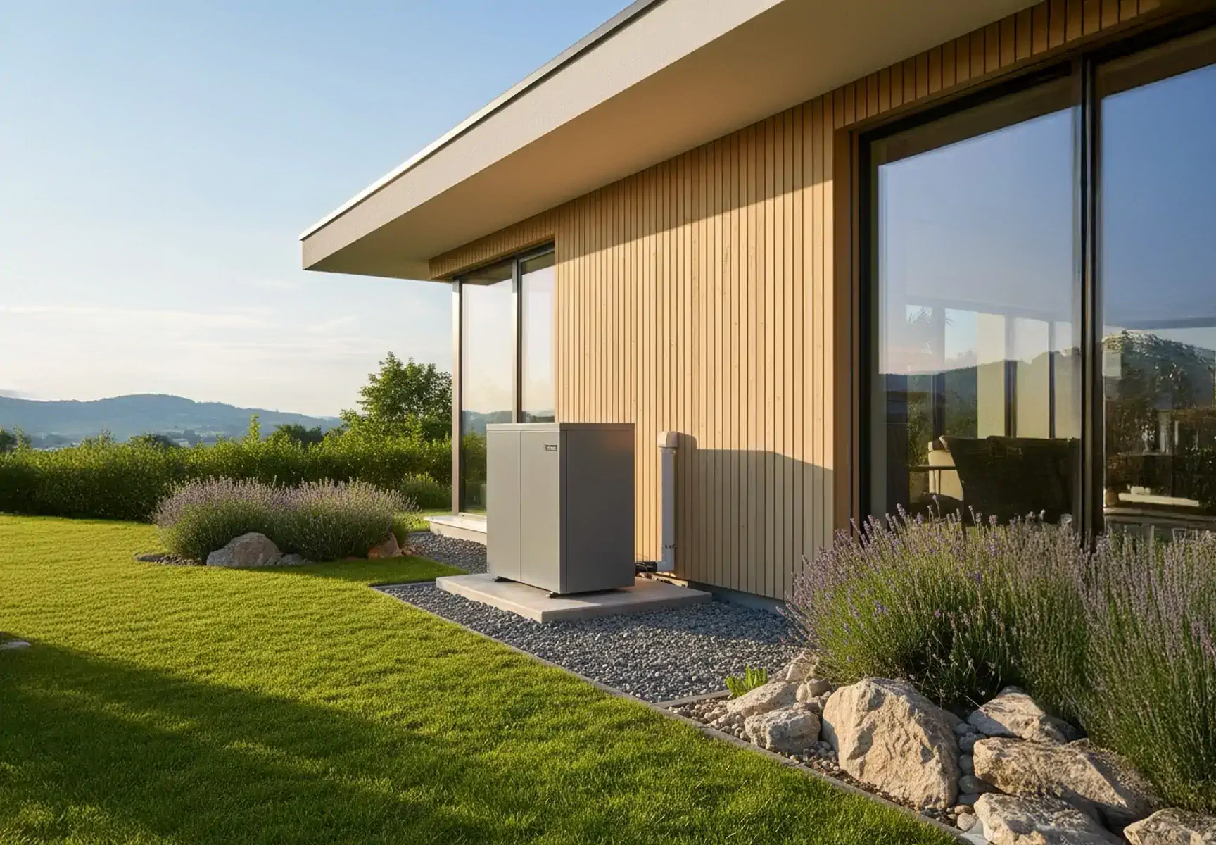 Maison moderne en montagne avec pompe à chaleur installée à l'extérieur, entourée de nature et de montagnes