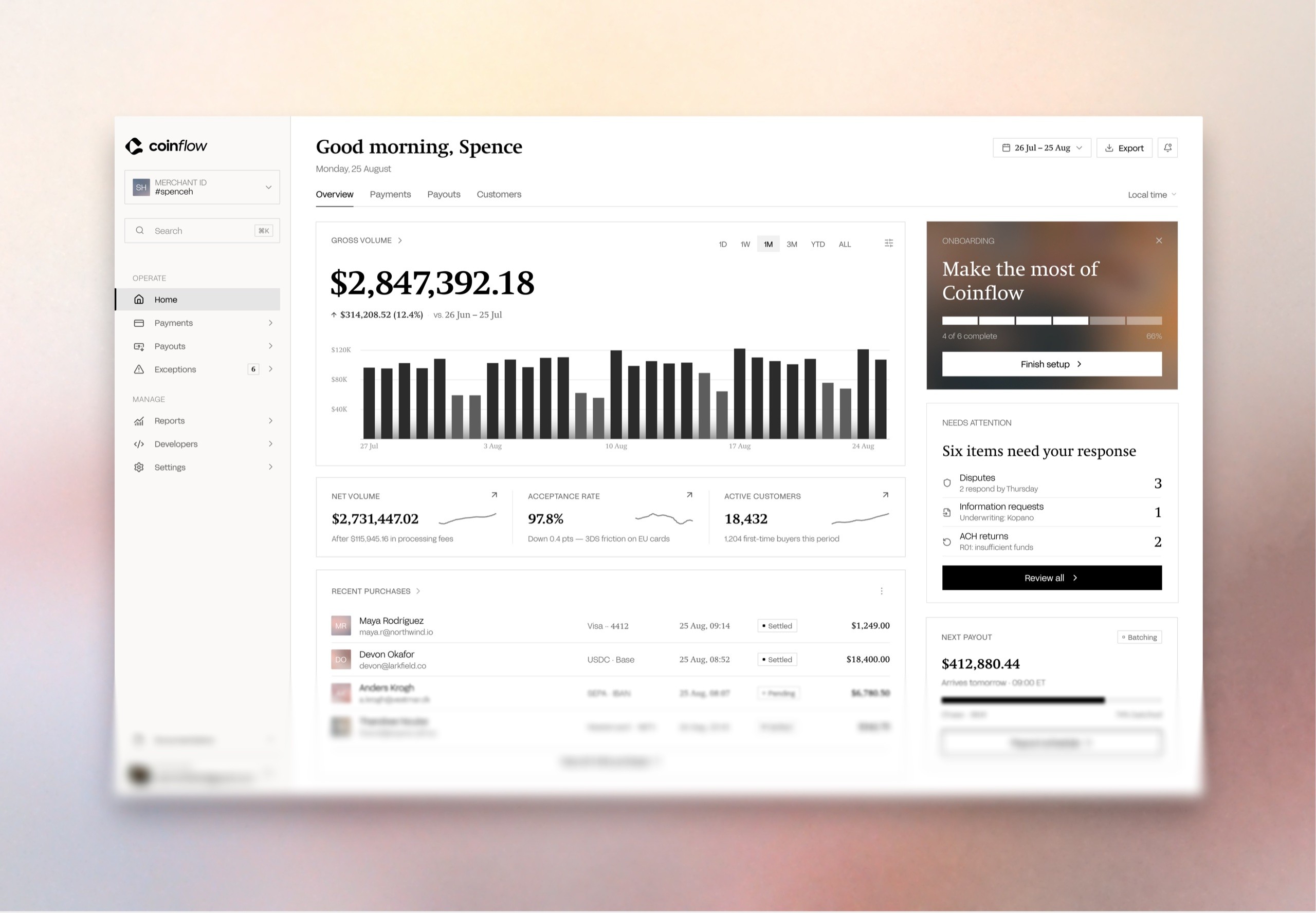 Coinflow merchant dashboard, conceptual